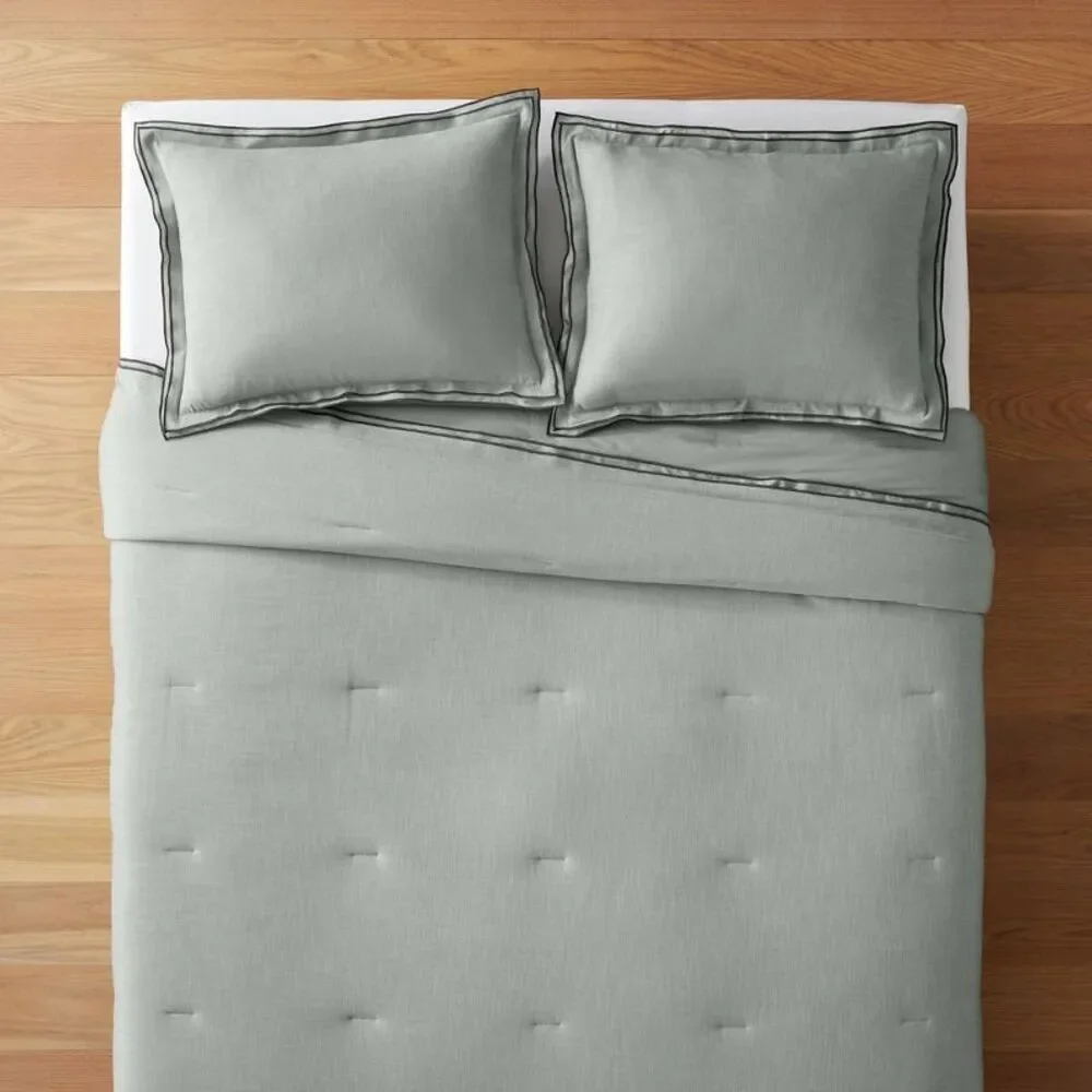 California King Cotton Merrow Stitch Comforter Set - Light Teal/Dark Gray
